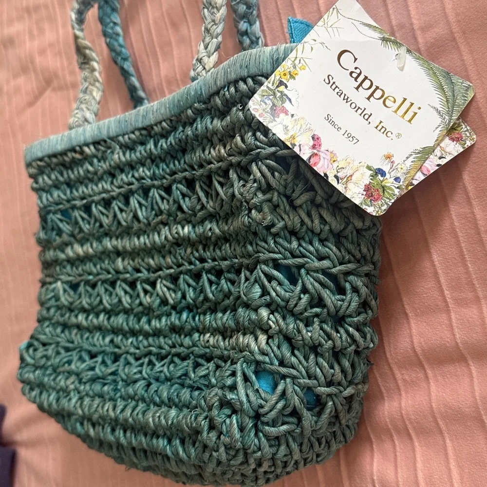 Cappella Straworld Boho Beach Bag Tote Zipper Closure Handwoven Teal Crochet